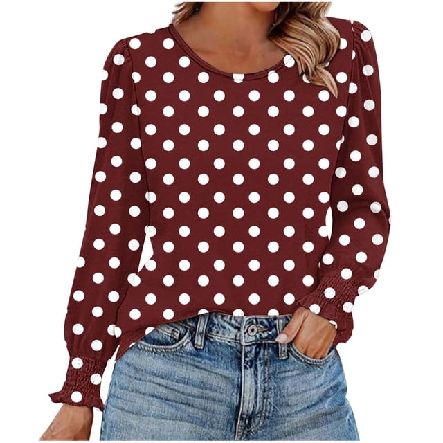 HAiming Chemises à Pois pour Femmes Décontractées à Col Rond Hauts à Volants Plissés Blouse Basique Chic T-Shirts de Travail