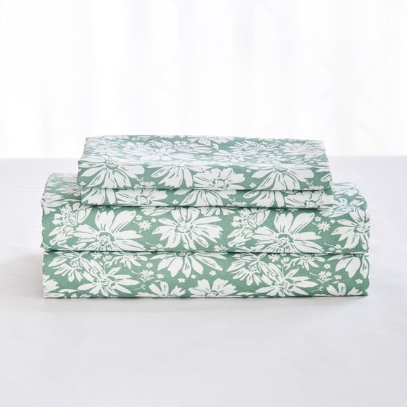 Gogreen Ensemble de Draps Très Grand 4 Pcs à Poches Profondes Convient à 16 Pouces, Microfibre Respirante Douce Ensemble de Draps Format Très Grand, Ensemble de Draps Style Hôtel, Cadeau pour Femmes, Hommes - Fleurs Blanches Fond Vert
