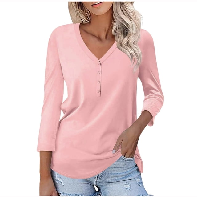 FAIWAD Womens V Neck 3/4 Sleeve T-Shirts Solid Color Casual Basic Tops 2024 Button Up Tees Blouses