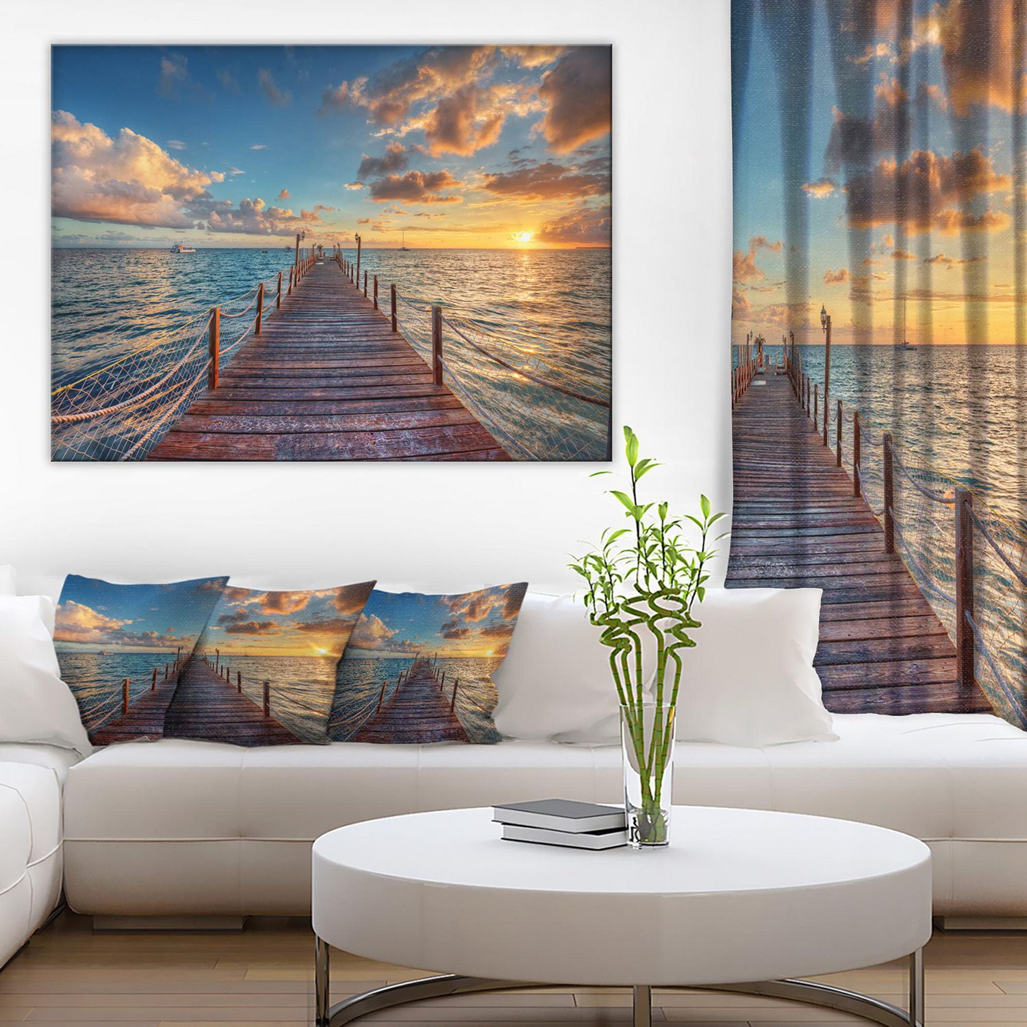 Designart Lever de soleil brillant sur la jetée de la mer Art mural sur toile