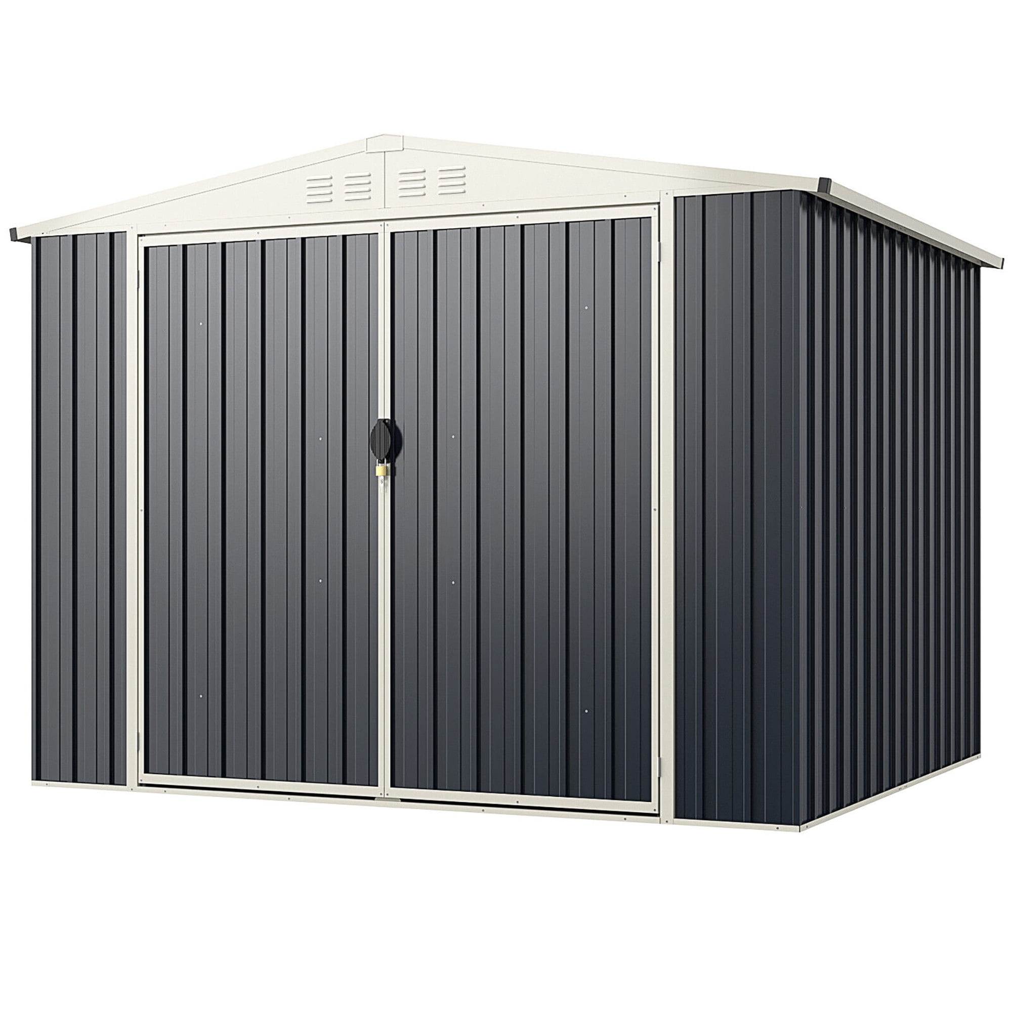 Gymax Abri de Rangement Extérieur en Métal 8 x 6,3 Pi avec Porte Verrouillable, Toit en Pente pour Remise à Outils