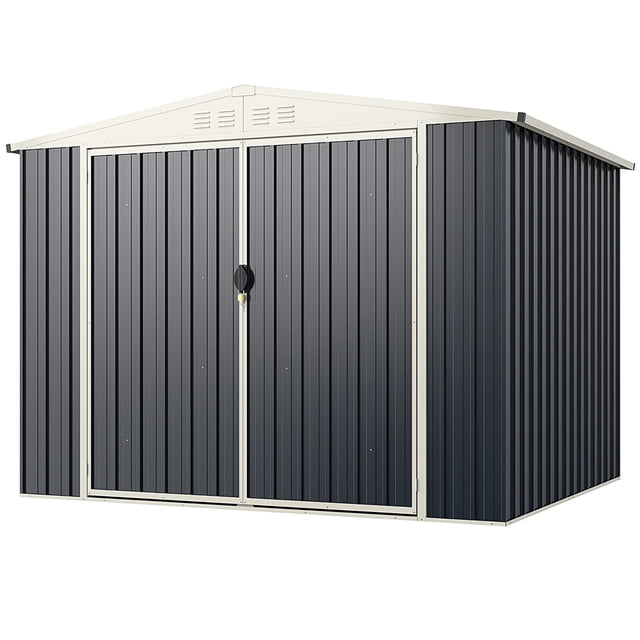 Gymax Remise de Rangement Extérieure en Métal 8 x 6,3 Pi avec Portes Verrouillables et Toit en Pente, Présentée dans une Finition en Acier Galvanisé Gris. la Remise Présente des Évents pour la ventilation, un Intérieur Spacieux avec une Capacité de Rangement de 264,5 Pieds Cubes, et une Conception durable Résistante aux Intempéries. le Toit en Pente Comprend des Rainures pour Prévenir l'Accumulation d'Eau, et la structure Peut Être Ancrée sur une base en Béton Ou en Bois pour une Stabilité Accrue. Idéale pour Ranger des Outils de Jardinage, de l'Équipement Ou comme Salle Utilitaire