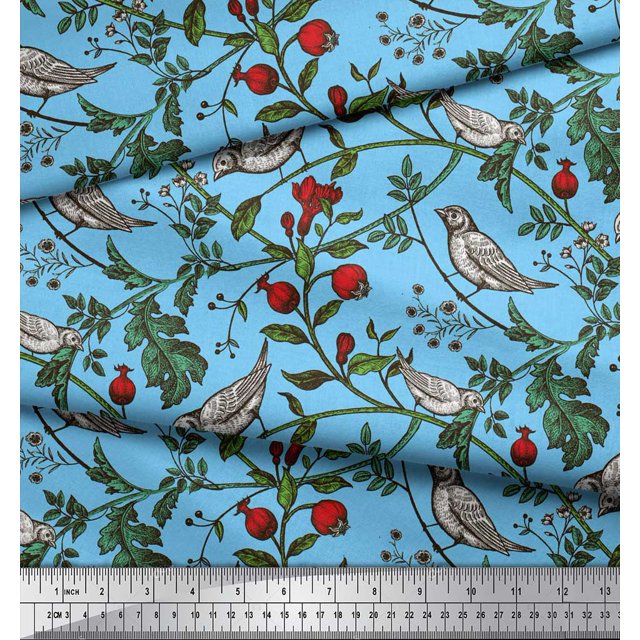 Soimoi polyester Crepe Fabric Bird & Leaf Bird Print Sewing Fabric Yard 52 Inch Wide