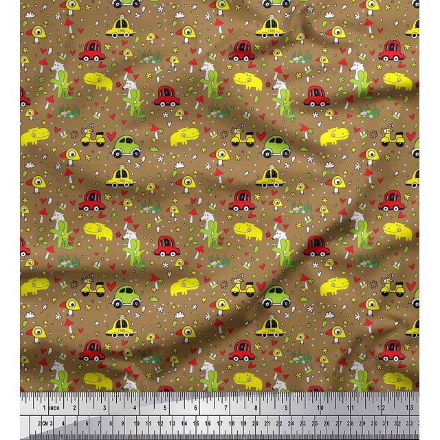 Soimoi Polyester Crepe Fabric Heart,Vehicles & Animals Cartoon Printed Craft Fabric by The Yard 52 Inch Wide