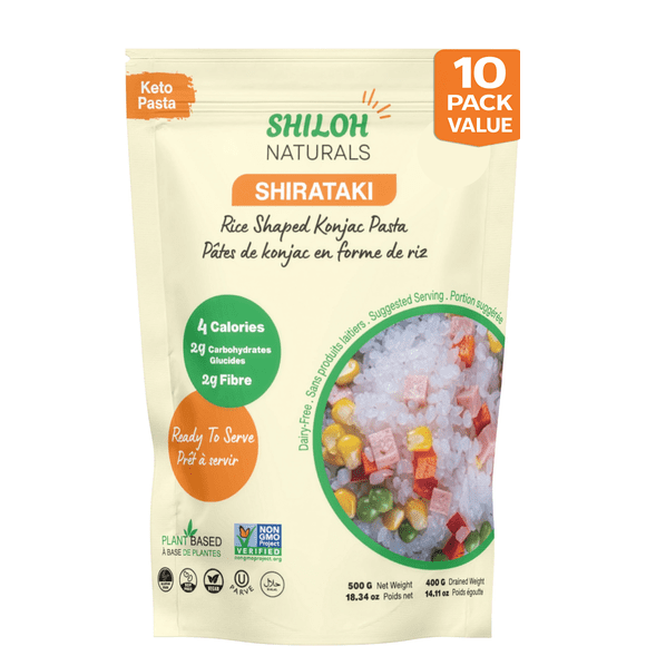 SHILOH Naturals Riz Konjac Shirataki (Lot de 10) – alternative de Riz Sans Gluten, Faible en Glucides, Faible en Calories – Compatible Céto, Végétalien – Emballage Économique en Vrac (500 g Chacun)