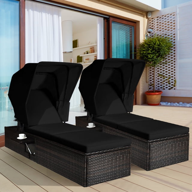 Gymax Ensemble de 2 Chaises Longues de Patio en Rotin avec Auvent Réglable Coussin Noir