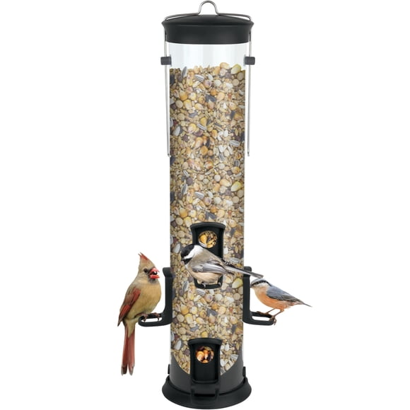 Nature's Way Large Plastic Seed Tube Bird Feeder for Wild Birds and Outdoor Décor, 2.1 Quart Capacity, Six Ports, Easy-Clean Design, Black