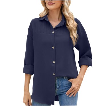 cfhntfmh Button down Shirts for Women Casual Pleated Long Sleeve Tops Textured Fall Loose Collared Blouses