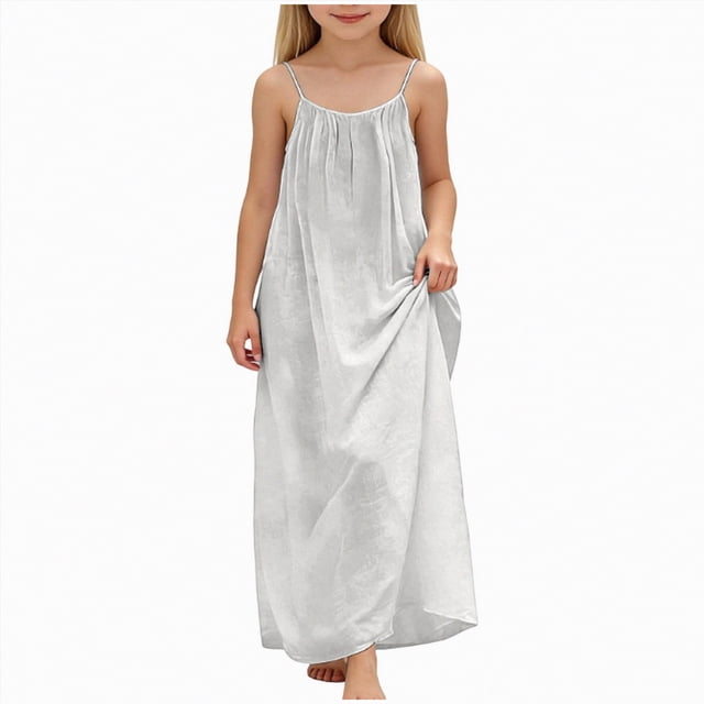 NIEWTR Robe Décontractée Tissée pour Tout-Petits et Bébés Filles, Bretelles Larges, Robe Soleil Fluide pour les Journées d'Été (Blanc, 12-13 Ans)