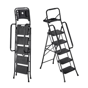 VEVOR 5 Step Ladder, Folding Step Stool with Wide Anti-Slip Pedal, Tool Tray, Dual Side Handrails, 600 lbs Capacity Portable Steel Ladder, Multi-Use for Kitchen, Home, Household and Office, Black
