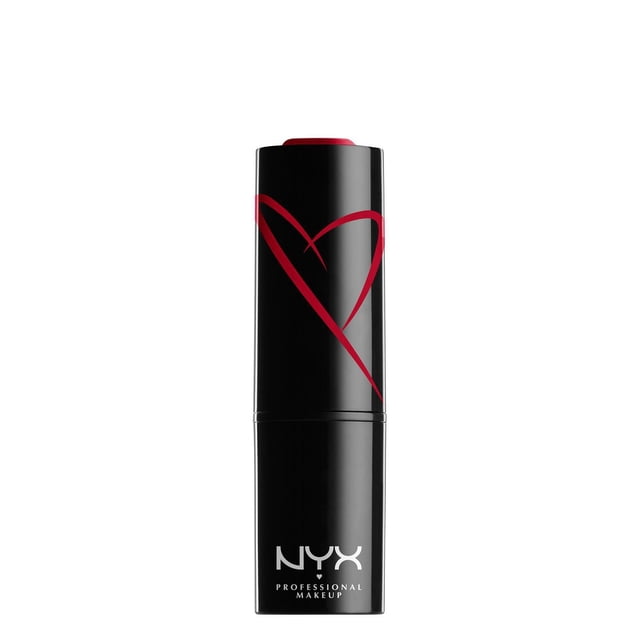 NYX Professional Makeup Shout Loud Rouge à Lèvres Satiné en tube Noir avec un Motif de Cœur Rouge et un logo Blanc, Montrant la Balle de Rouge à Lèvres Rouge sur le Dessus, Offrant une Couleur Satinée Riche et une Hydratation pour des looks de Lèvres Audacieux.