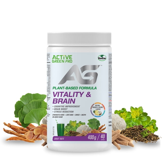 Active Green Pro® Vitality & Brain supplement, a 400g plant-based superfood greens blend in pineapple and coconut flavor. The container highlights adaptogens, nootropics, and antioxidant-rich ingredients designed to improve cognition, memory, and vitality. Benefits include stress reduction, mental clarity, and energy boost. Surrounding the container are natural elements like ginkgo leaves, lion's mane mushroom, and ashwagandha roots, emphasizing its brain health focus.