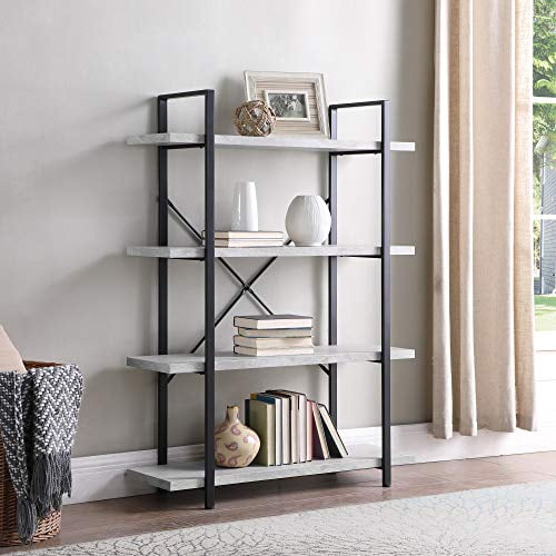 BELLEZE 4 Shelf Industrial Vintage Bookcase Open Etagere Book Shelf Wood and Metal Bookshelf, Stone Gray