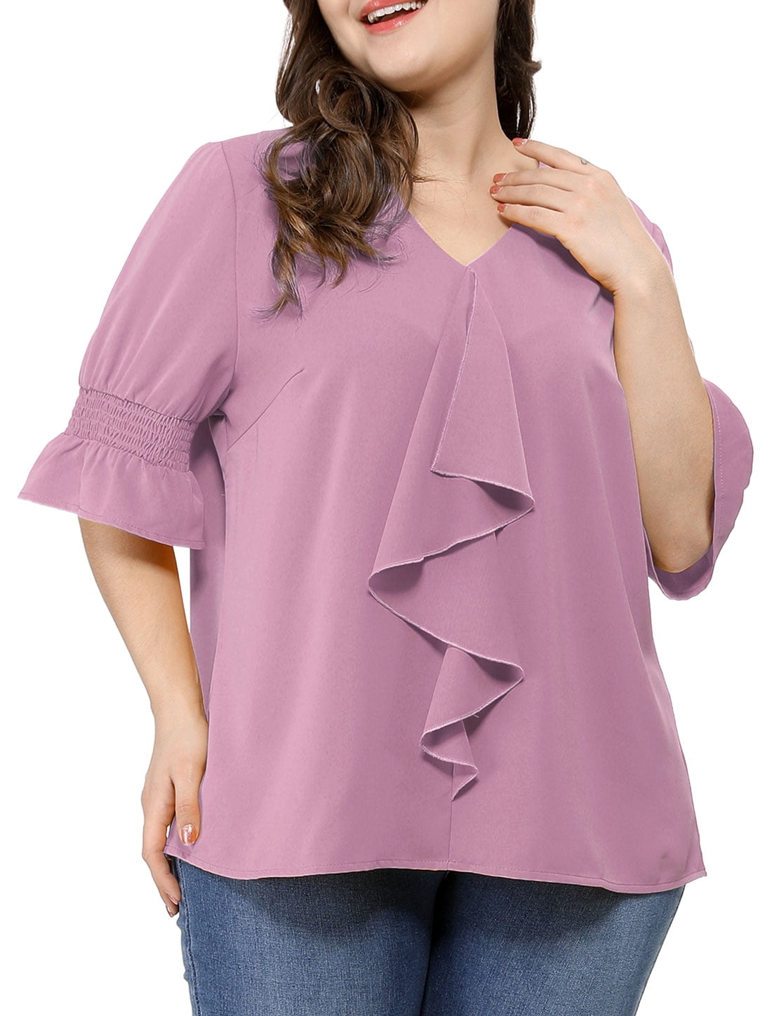GRACE & GRANDEUR Women's Plus Size St Patrick's Day Work Ruffle V Neck Smocked Sleeves Blouse Purple 3X
