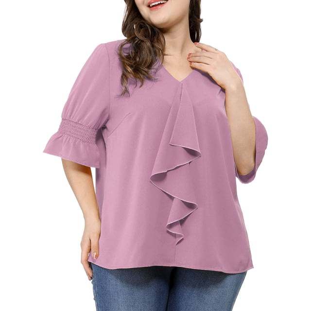 GRACE & GRANDEUR Women's Plus Size St Patrick's Day Work Ruffle V Neck Smocked Sleeves Blouse Purple 3X