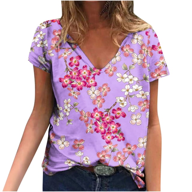 Hauts d'Été pour Femmes Manches Courtes Femmes Blouse d'Été Imprimée T-Shirts Décontractés Col en V Manches Courtes T-Shirts Hauts