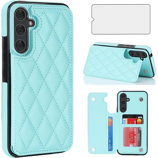 HCTian phone case for Samsung Galaxy A16 5G/4G in a light blue PU leather design with a quilted pattern. Features include a tempered glass screen protector, RFID-blocking material, four card slots, and a kickstand for multi-angle viewing. The case is shown with its cardholder open, displaying credit cards, and a separate image highlights the included screen protector.