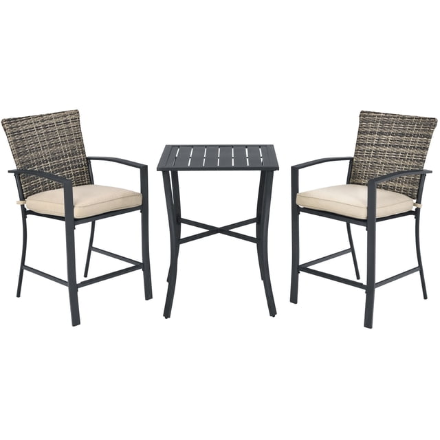 Patiojoy 3-Piece Patio Rattan Furniture Set Outdoor Bistro Set Cushioned Chairs & Table Set Gray