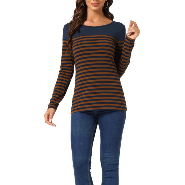 INSPIRE CHIC Blouse pour Femme à Rayures à Blocs de Couleur à Manches Longues T-Shirt Décontracté L Bleu Brun
