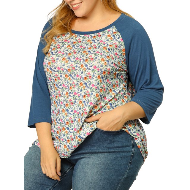 Agnes Orinda Women's Plus Size 3/4 Raglan Sleeve Floral Contrast Color Blouse 1X Blue