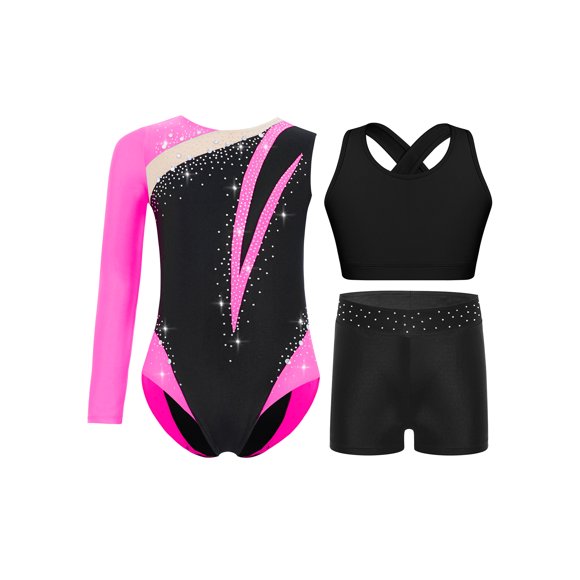 YiZYiF Justaucorps à Blocs de Couleur pour Tout-Petites Filles pour le Gym, le Yoga et l'Entraînement avec Camisole Courte et Shorts, Rose Vif Scintillant 6