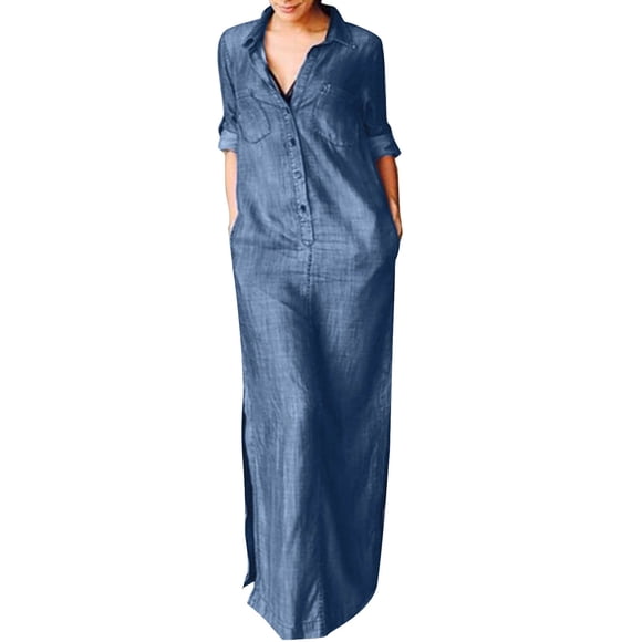 Robe Longue pour Femmes à Manches Longues, Col à Revers, Boutonnée, Couleur Unie, Robe Longue en Denim, Robe en Denim pour Femmes