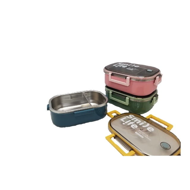 Tedemei Boîte à Lunch Isolée en Acier Inoxydable 980 ml avec Compartiment Ajustable en Bleu, Rose, Vert et Jaune. Boîtes à Lunch Rectangulaires avec Couvercles Transparents Étiquetés « Smile Life » et Poignées Verrouillables. une Boîte Ouverte Indiquant l'Intérieur en Acier Inoxydable avec Séparateur pour la Séparation des Aliments. Sans BPA et Isolée pour Garder les Repas Chauds Ou Froids, Convient à l'École Ou au Travail.
