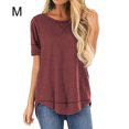 thumbnail image 1 of Women T-shirt Solid Color Stitching Top Round Neck Asymmetrical Hem Blouse, Purple Red, M, 1 of 7