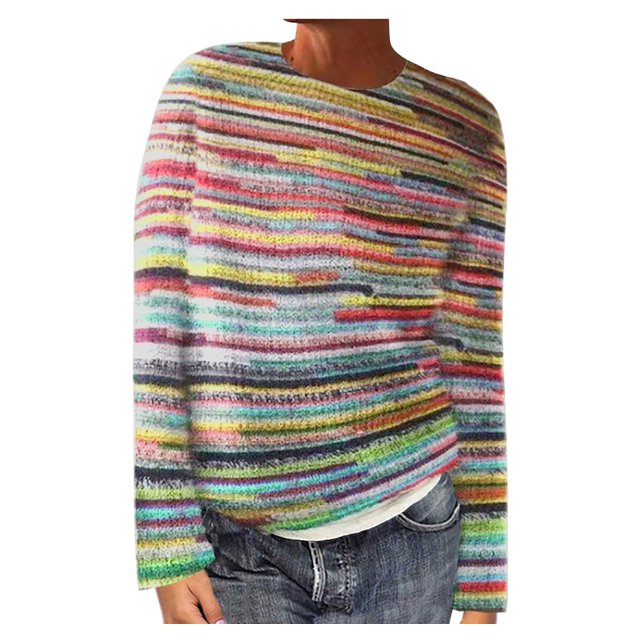 Fartey Chandail Tricoté à Rayures Colorées pour Femmes, Ample et Décontracté, Manches Longues, Col Rond, Chandail à Enfiler, Hauts Mode Automne Hiver, Chandail Chaud, Doux et Confortable, Chandails des Fêtes, Rose, P-2TG