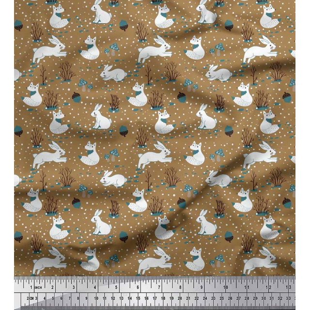 Soimoi Brown Cotton Cambric Fabric Mushroom,Oaknut & Rabbit Animal Print Sewing Fabric BTY 42 Inch Wide