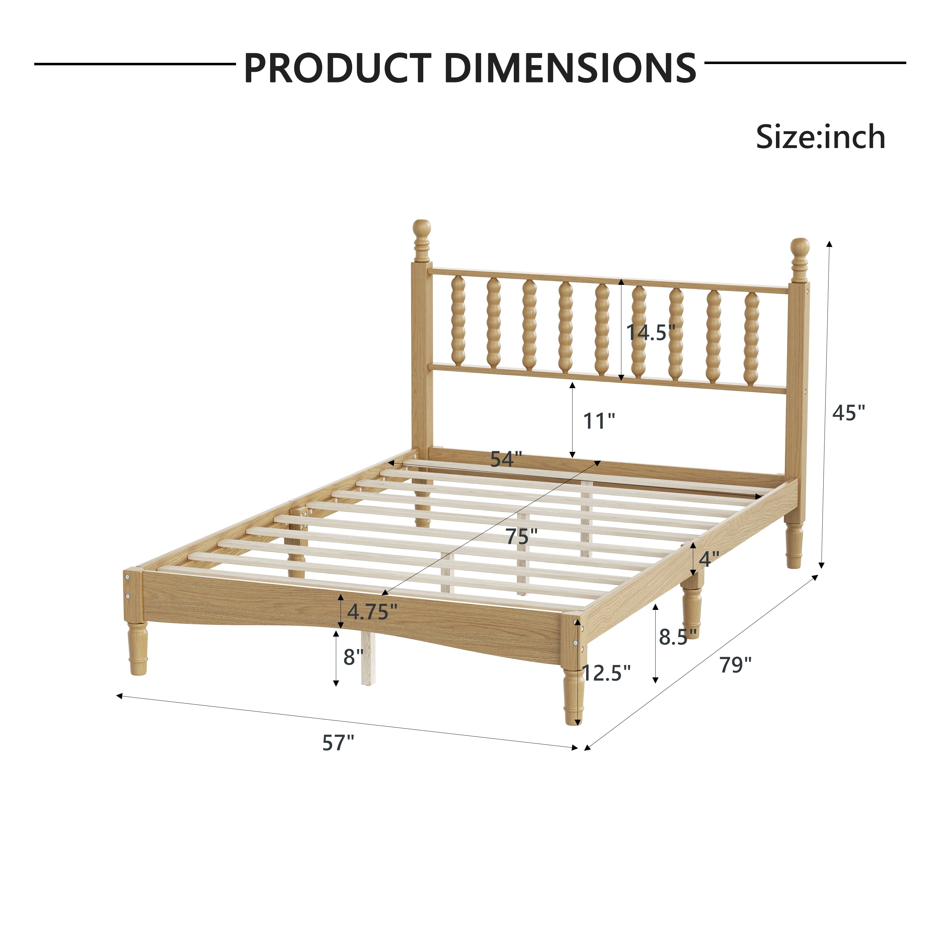 Homy Casa Full Size Solid Wood Platform Bed with Gourd Shaped Headboard, Natural Finish, Sturdy Slat Support, Easy Assembly