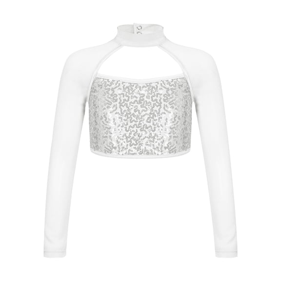 TSSOE Filles Enfants Paillettes Brillantes Haut Court à Manches Longues Tenue de Danse Ballet Haut de Sport T-Shirts Âge 5 - 14 Ans Paillettes Argent 16