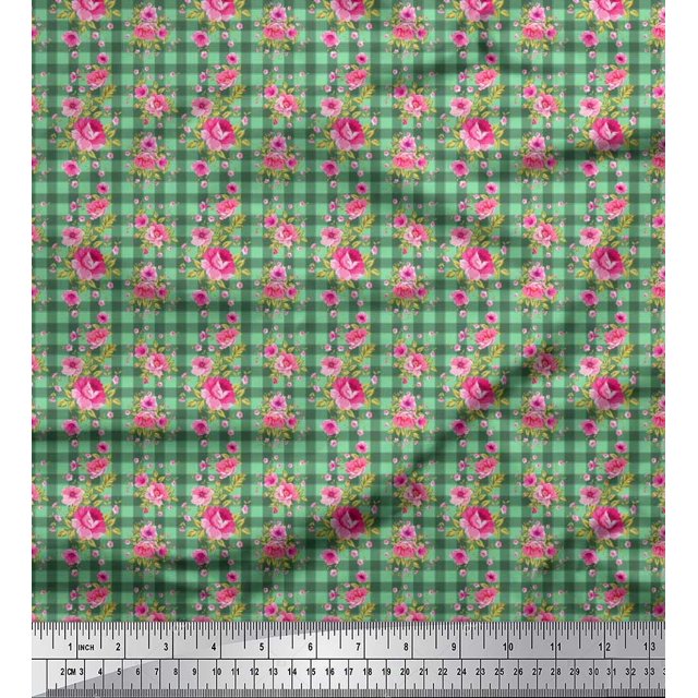 Soimoi Poly Georgette Fabric Check,Leaves & Peony Floral Printed Fabric 1 Yard 42 Inch Wide