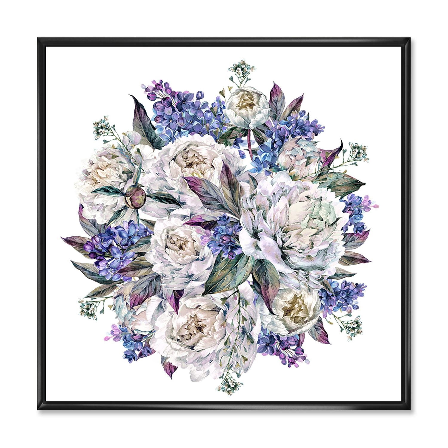 Designart Bouquet Pivoines En Blanc Et Bleu ART MURAL À CADRE FLOTTÉ