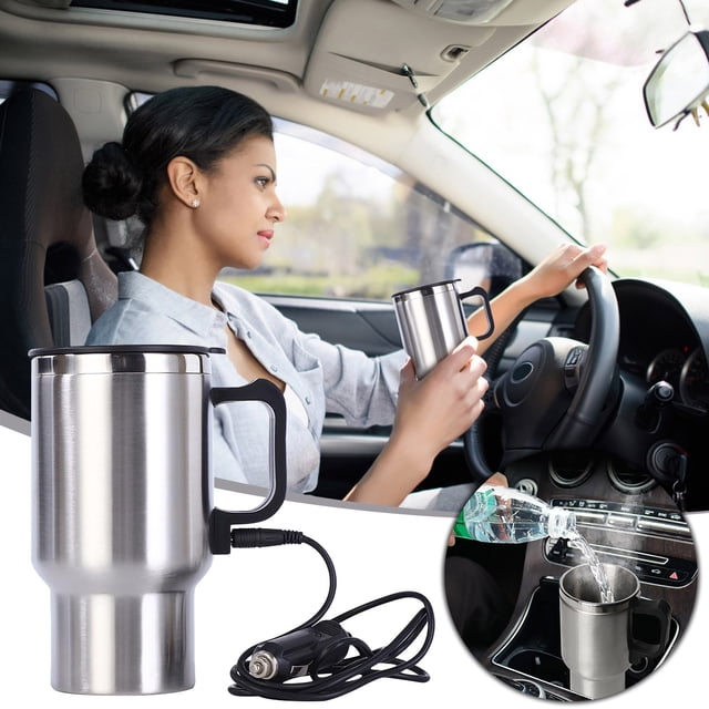 Dvkptbk Thermal Mug Car Thermal Mug, 450ml stainless steel travel mug with a handle, designed for car use. Features vacuum insulation, a sealed lid, and a 12V lighter plug for heating beverages like coffee or tea during travel. Ideal for camping or road trips.