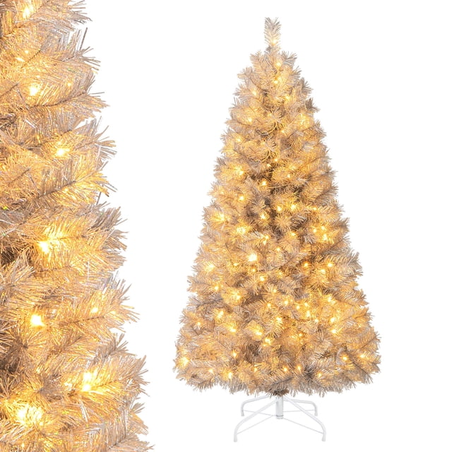 Gymax 5 FT Pre-Lit Artificial Christmas Tree with silver tinsel leaves and 170 warm white LED lights, ideal for Christmas decorations. The hinged design ensures easy setup, while the sturdy crossed metal base provides stability. Featuring 385 branch tips, it offers a full-bodied appearance and reflects colorful lights for a shimmering effect.