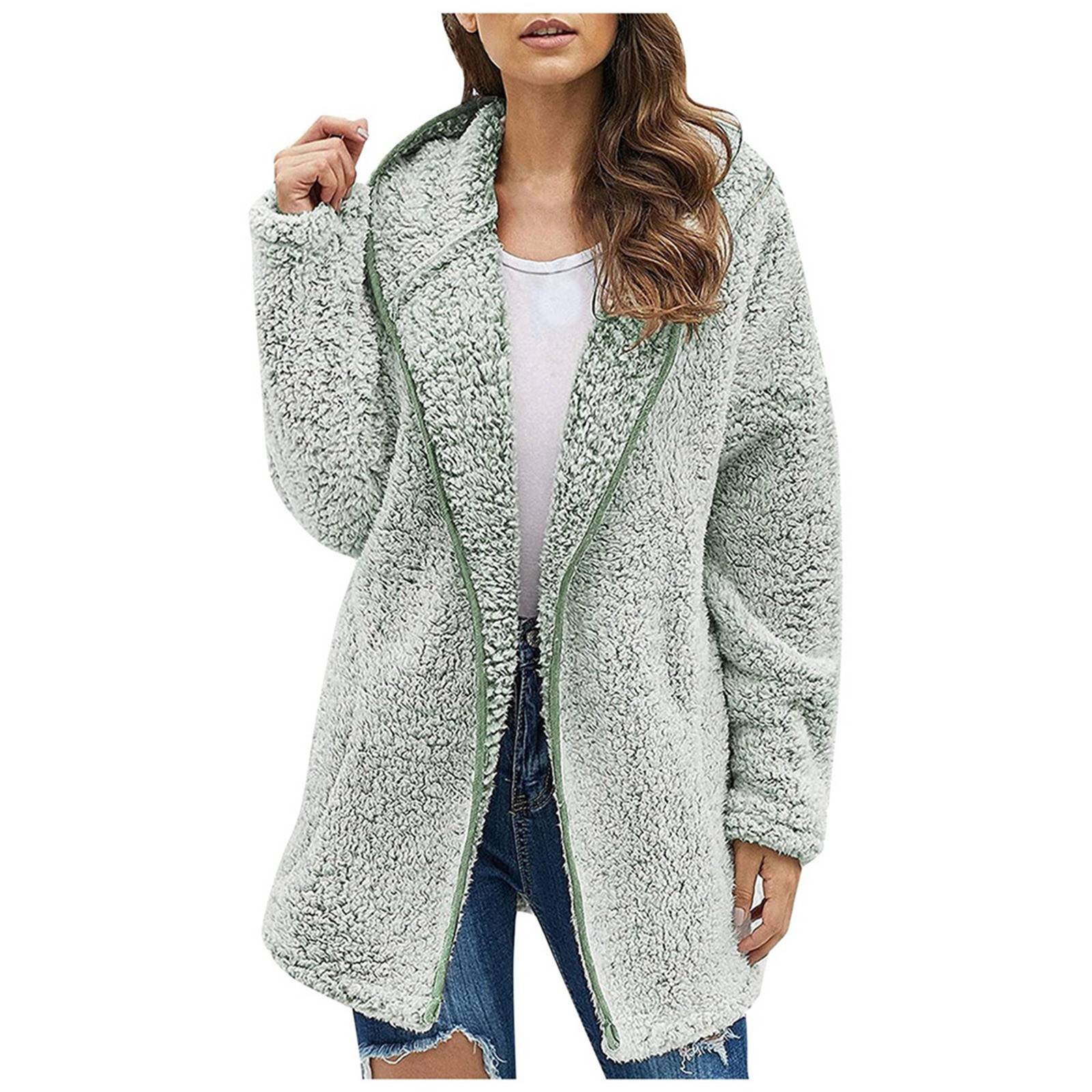 WEIYLL Womens Fleece Jacket Thick Knitted Cardigan Solid Color Sleeve Furry Green Going Out Fall Tops Size S
