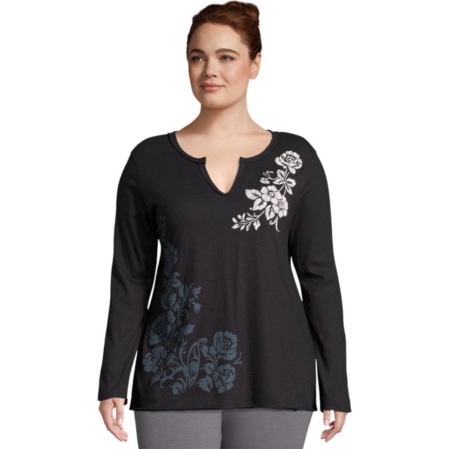 Just My Size Womens Split Neck Long Sleeve Graphic Tee, 3X