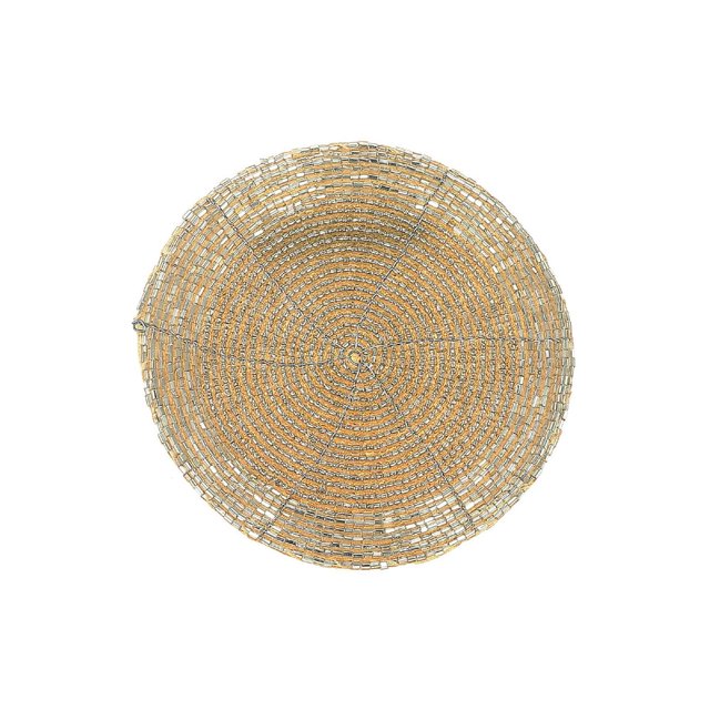 Christmas Beaded Round Coaster Gold - Set of 6 showing a top-down view of a single round coaster made of gold and silver glass beads woven in concentric circles, 4 inches in diameter, designed to protect surfaces from water rings and scratches and suitable for use under cups, bowls, or decorative candles.