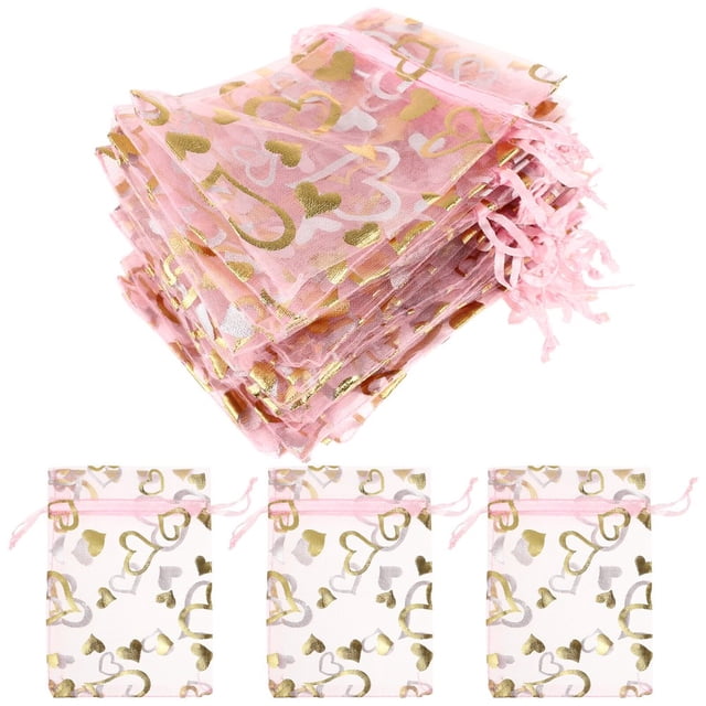 JUNWELL 100 Pcs Mini Christmas Gift Bags Tiny Baggies Small Baggies Mesh Bag Drawstring Pouches Bronzing Pink