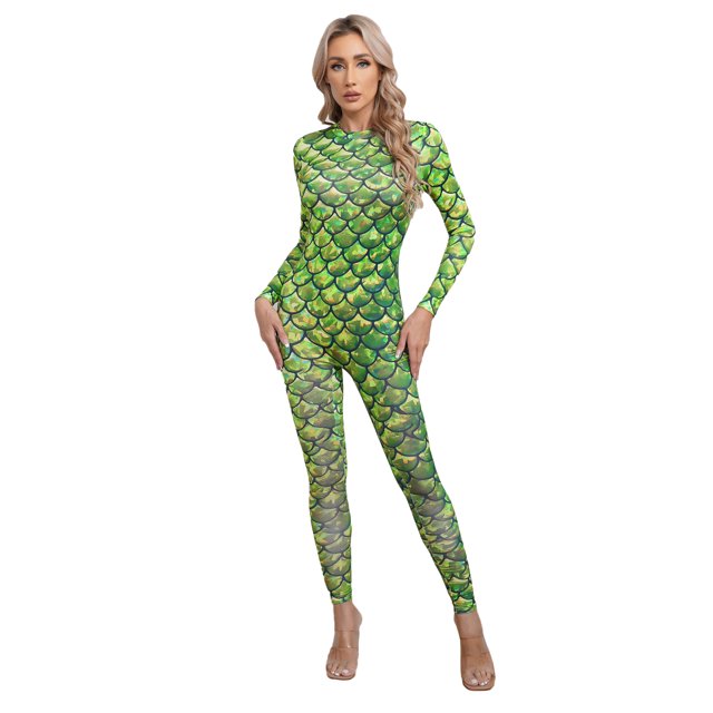 RUNQHUI Women Fish Scale Printed Long Sleeve Jumpsuit Bodysuit Mermaid Full Body Rompers Type F S