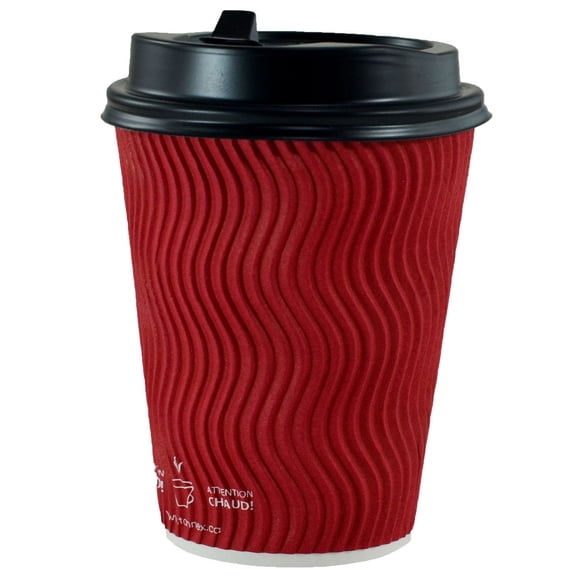Gobelets à café à double paroi en papier, 12oz, Rouge, & Couvercle en dôme, Noir, total de 50 gobelets et 50 couvercles