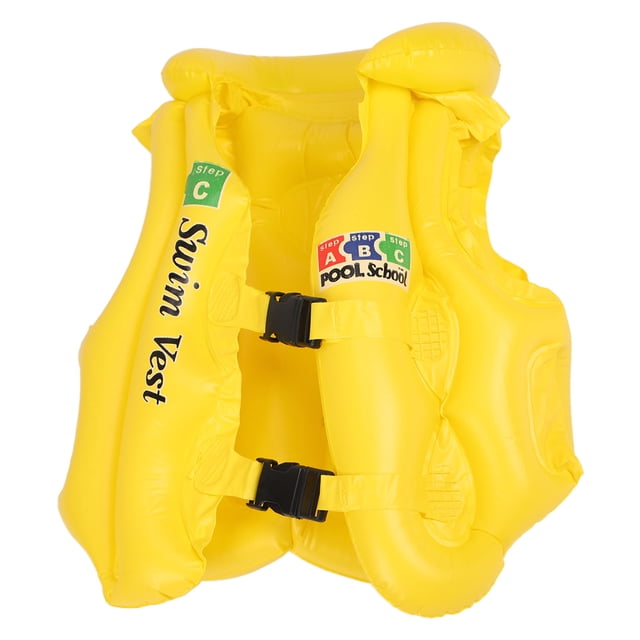 Keenso Plastic Swimming Jacket for kids, a yellow inflatable swimming safety vest designed for toddlers aged 3-5 years. Made of durable PVC material, it features adjustable black buckle straps for a secure fit. The vest is lightweight, washable, and reusable, with printed text and graphics on the front, including 'Swim Vest' and 'Pool School.'