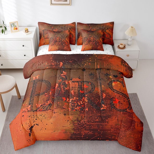 YST Paris Français Ensemble de Douillette 7 Pcs, Grand Lit – Design Romantique de Tour Eiffel, Dégradé Rouge, Art Abstrait Moderne