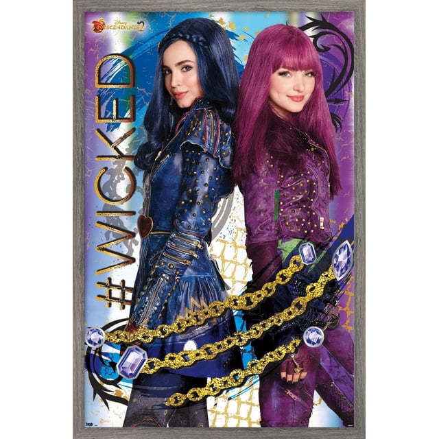 Disney Descendants 2 - Wicked Affiche Murale, 14,725 Po x 22,375 Po Encadrée, Représentant Deux Personnages en Tenues en Cuir Bleu et Violet Cloutées, Debout l'Un derrière l'Autre, avec Chaîne Dorée et Graphiques de Pierres Précieuses sur un Fond Abstrait vibrant Mettant en Vedette du Texte #Wicked en or, Idéale pour Décorer des Chambres, des Résidences Étudiantes Ou des Bureaux.