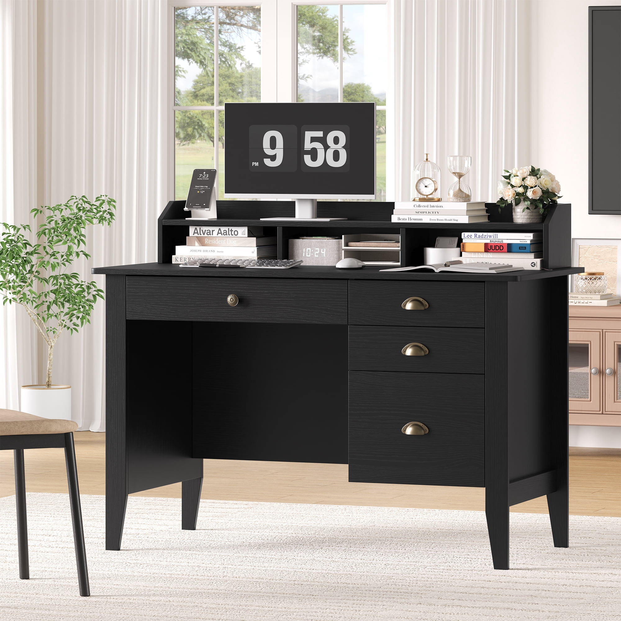 Homfa Black Computer Desk with Monitor Stand, 47in Wide Office Desk with Storage, Modern Executive Desk with File Drawers for Home & Study