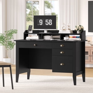 Homfa Black Computer Desk with Monitor Stand, 47in Wide Office Desk with Storage, Modern Executive Desk with File Drawers for Home & Study