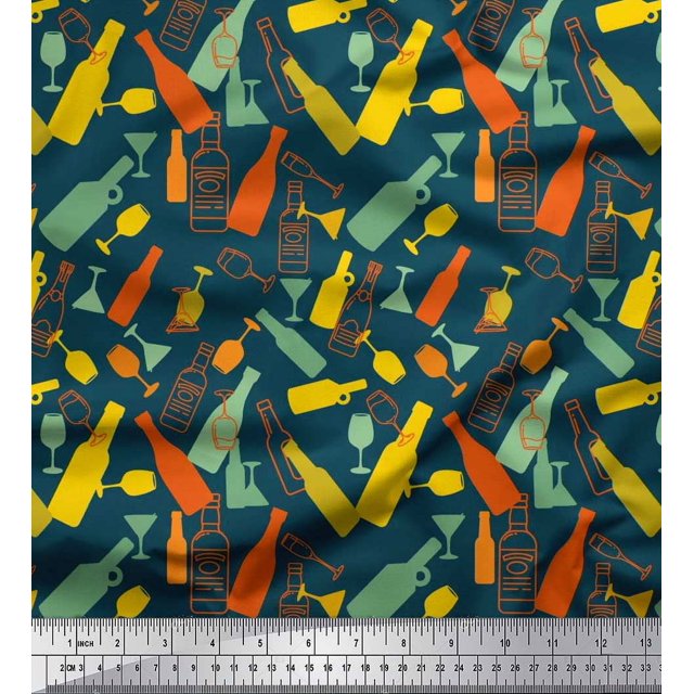 Soimoi Polyester Crepe Fabric Bottle & Wine Glass Bar Printed Fabric 1 Yard 52 Inch Wide