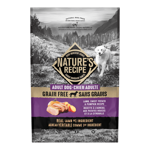 NR GF Agneau 5,4 kg Nature's Recipe Sac de Nourriture pour Chien Adulte Sans Grains avec Vrai Agneau comme Ingrédient #1, Recette à la Patate Douce et à la Citrouille, Offrant une nutrition Naturelle aux Chiens, Montré avec un Chien Blanc dans un Fond de Montagne Forestière.