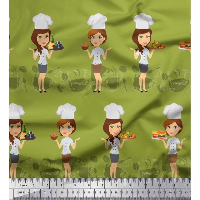 Soimoi polyester Crepe Fabric Cook Girl Print Fabric by the Yard 42 Inch Wide